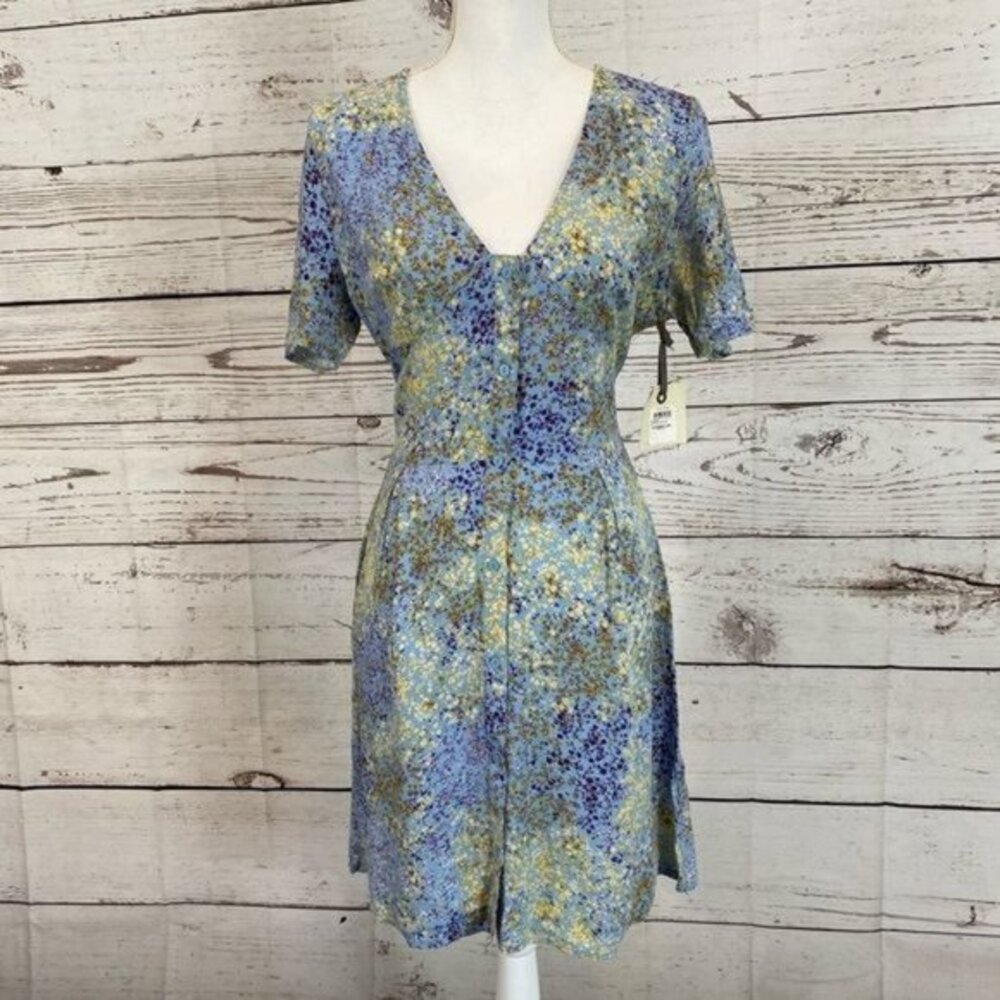 Hinge Floral Print Front Button Detail V-Neck Tie Waist Short Sleeve Mini Dress